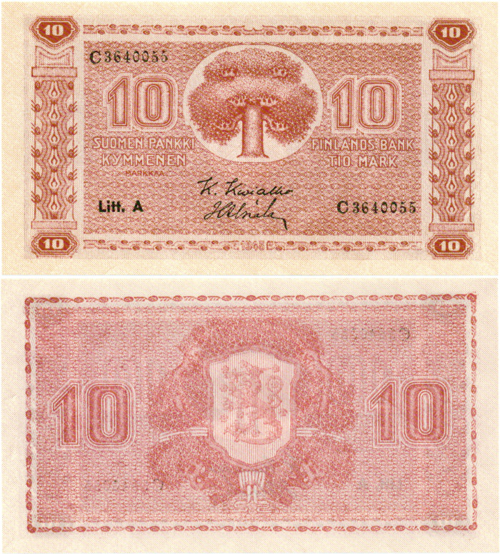 10 Markkaa 1945 Litt.A C3640055 UNC